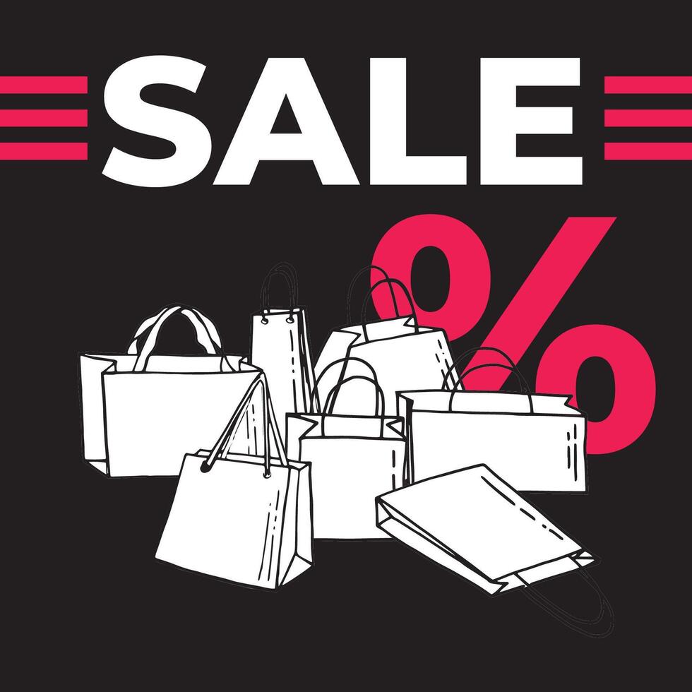 Big black Sale Banner Design for shop online store in hand drawn style. Discount. Shopping bag doodle. vector