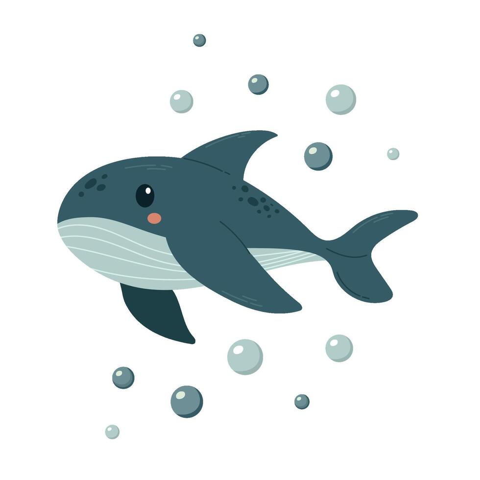 Delightful illustration of a cute shark in kawaii style, exuding charm with its big, bright eyes and cheerful expression. Ideal for childrens products, ocean-themed projects, and fun graphic designs vector