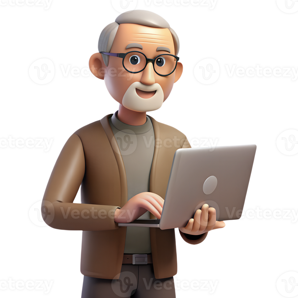 Old man with glasses works on a laptop 3d icon isolated png