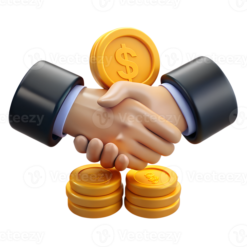 Business partners shaking hands making successful deal 3d icon. Design element for fintech app png