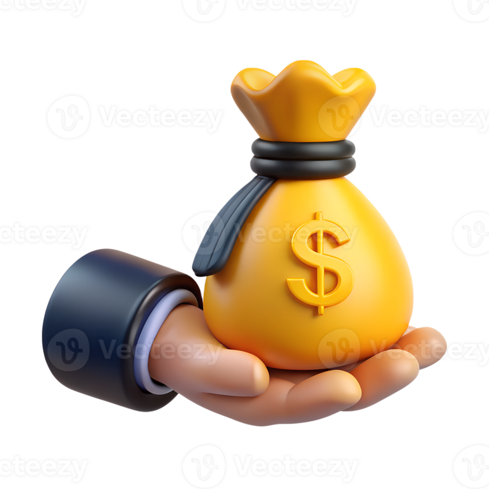 Human hand holding money bag with dollar sign 3d icon. Design element for fintech app png