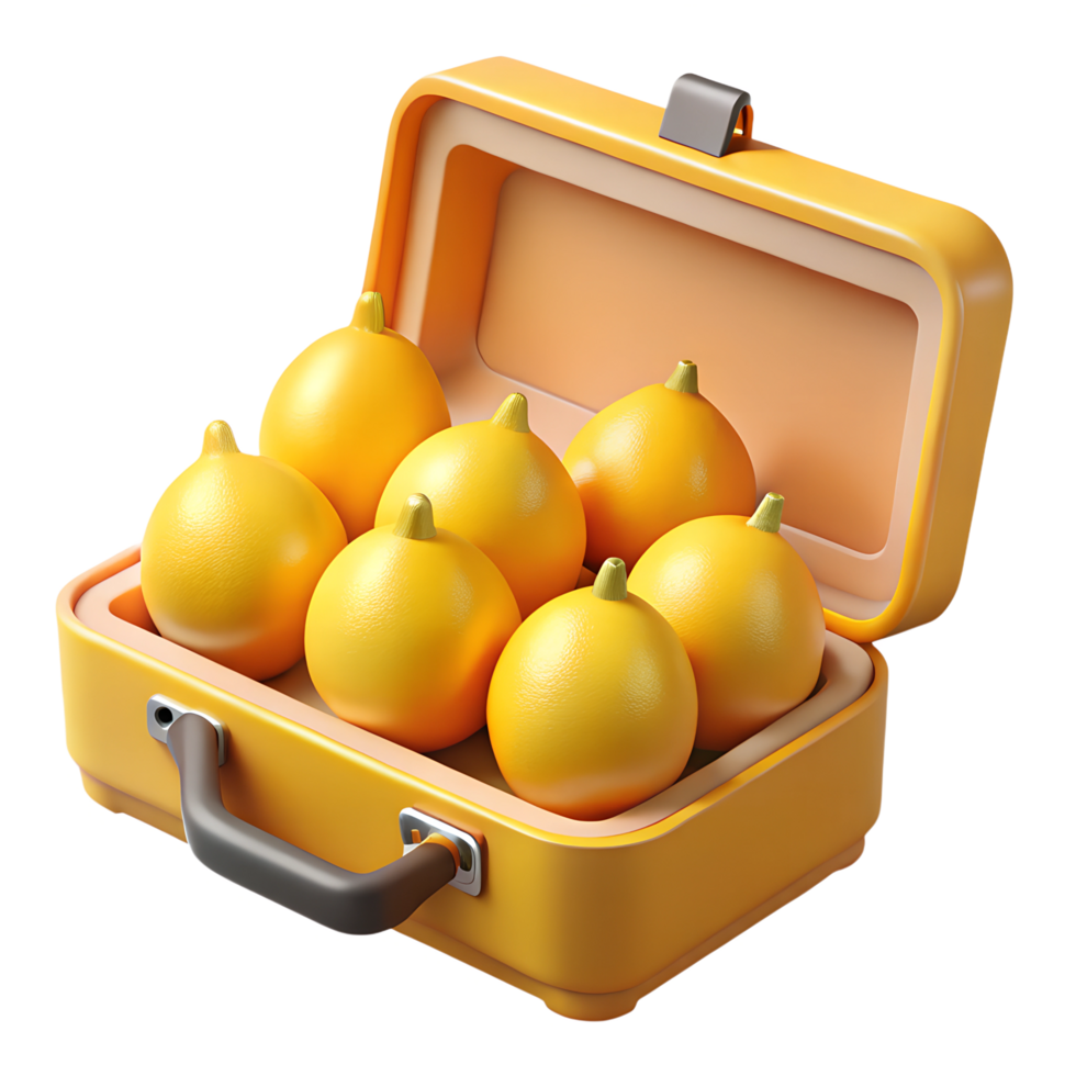 Open suitcase full of yellow ripe lemons 3d illustration isolated png