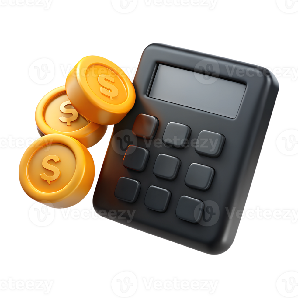Black calculator with golden dollar coins 3d icon. Design element for fintech app png