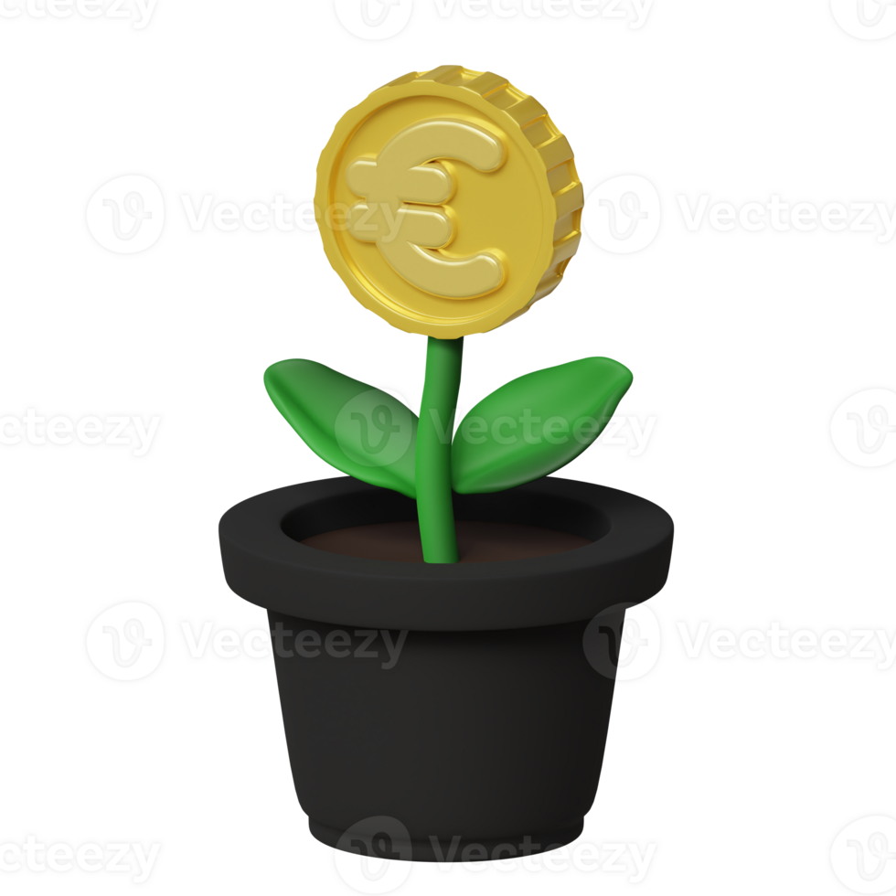House plant with golden euro coin 3d illustration isolated on the transparent background. Success investment growth concept png