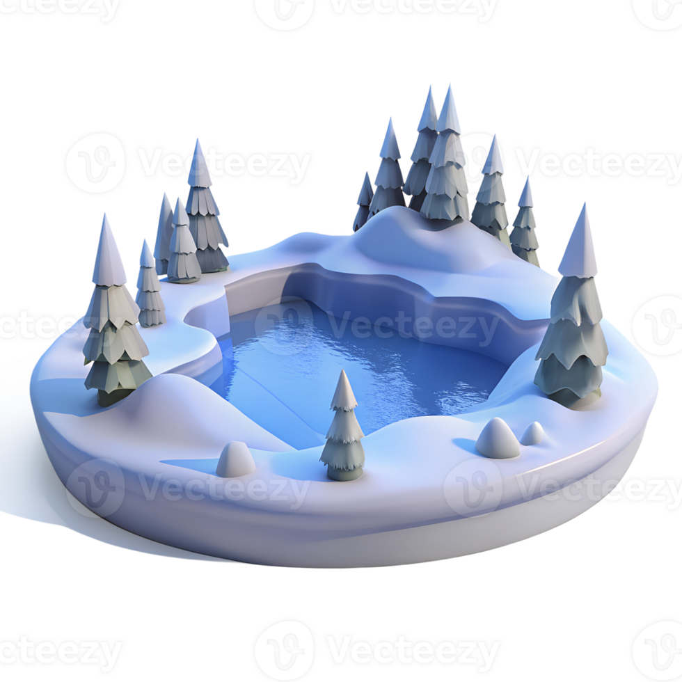 Isometric scene of frozen lake surround with snow covered pines trees. Winter theme design element png