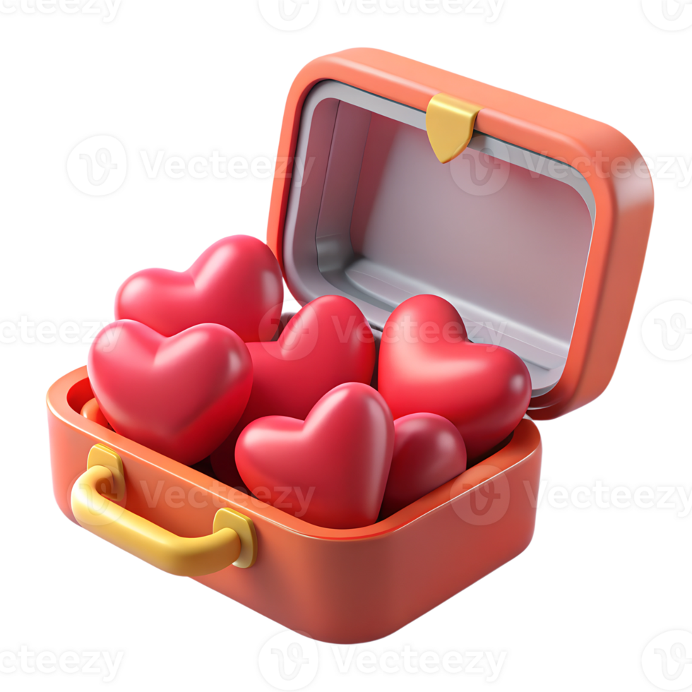 Open suitcase full of red hearts 3d illustration isolated on the transparent background png