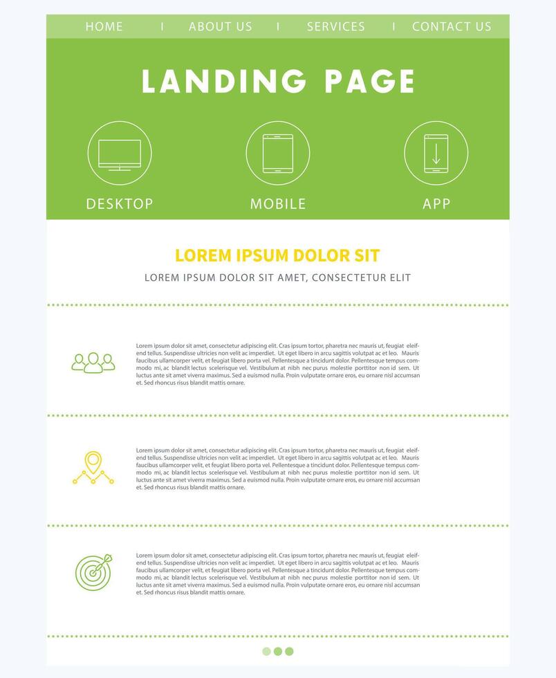 Landing page concept, flat website design template, in green, white and yellow vector