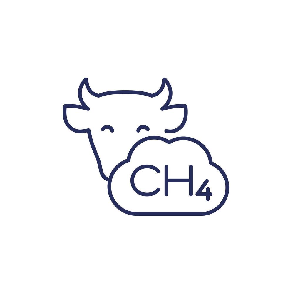 methane emissions from cattle, ch4 gas line icon with a cow vector