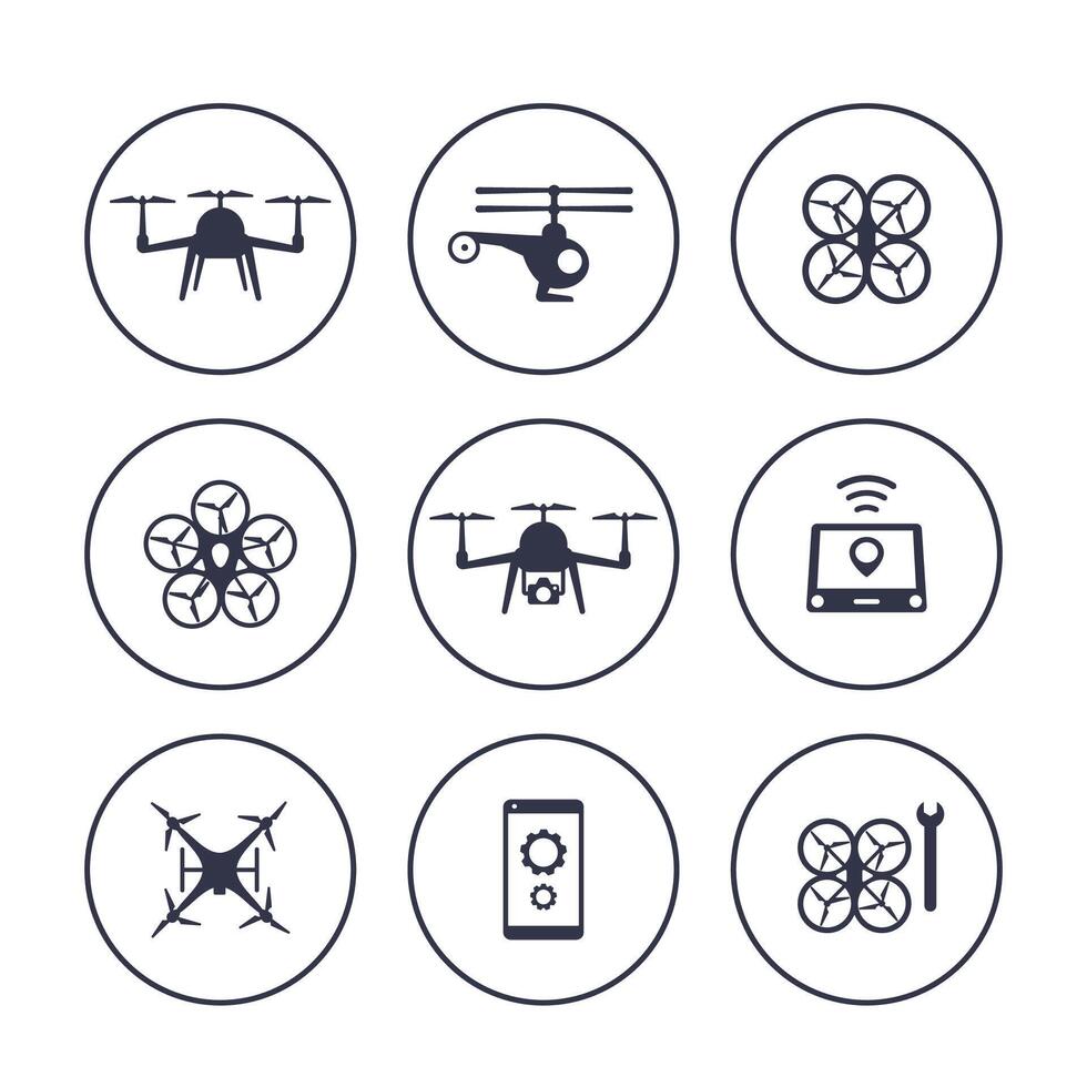 Drones, copters, quadrocopters icons over white, illustration vector