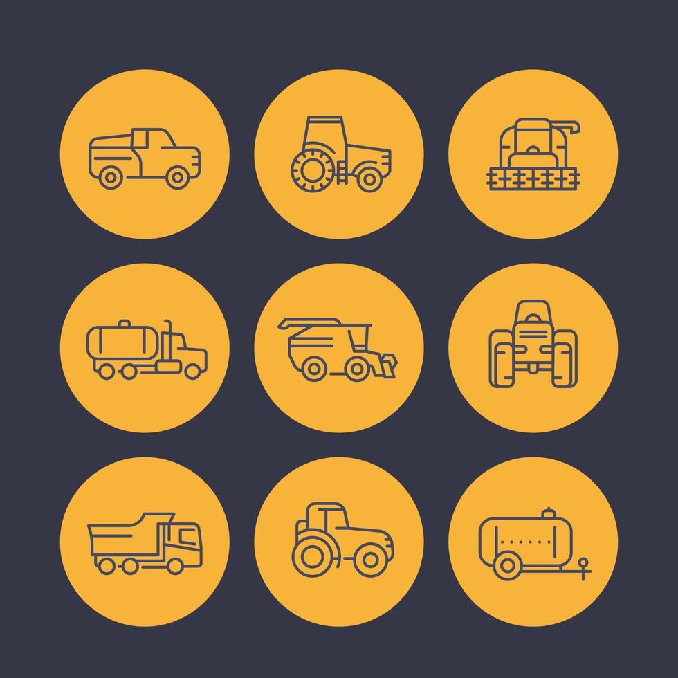 Agricultural machinery icons in linear style, tractor, milk truck, pickup car, harvester, combine machine, agrimotor illustration vector