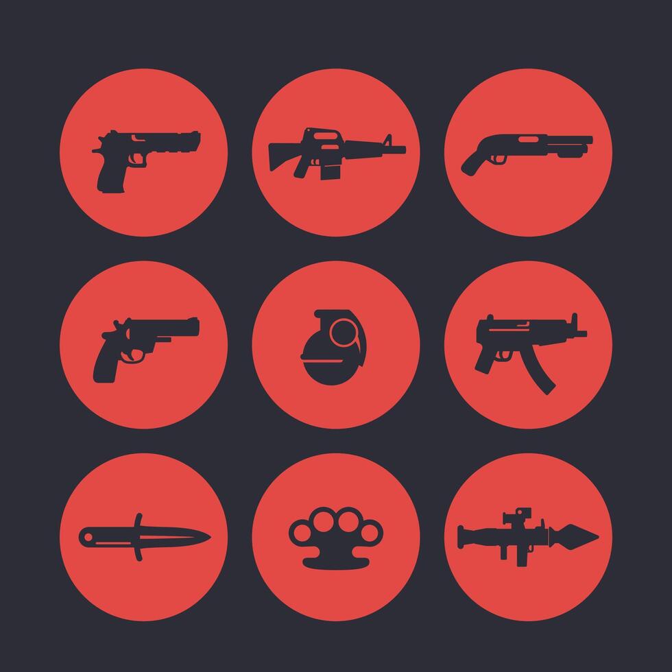 weapons icons set, pistol, assault rifle, revolver, shotgun, grenade, submachine gun, rocket launcher vector