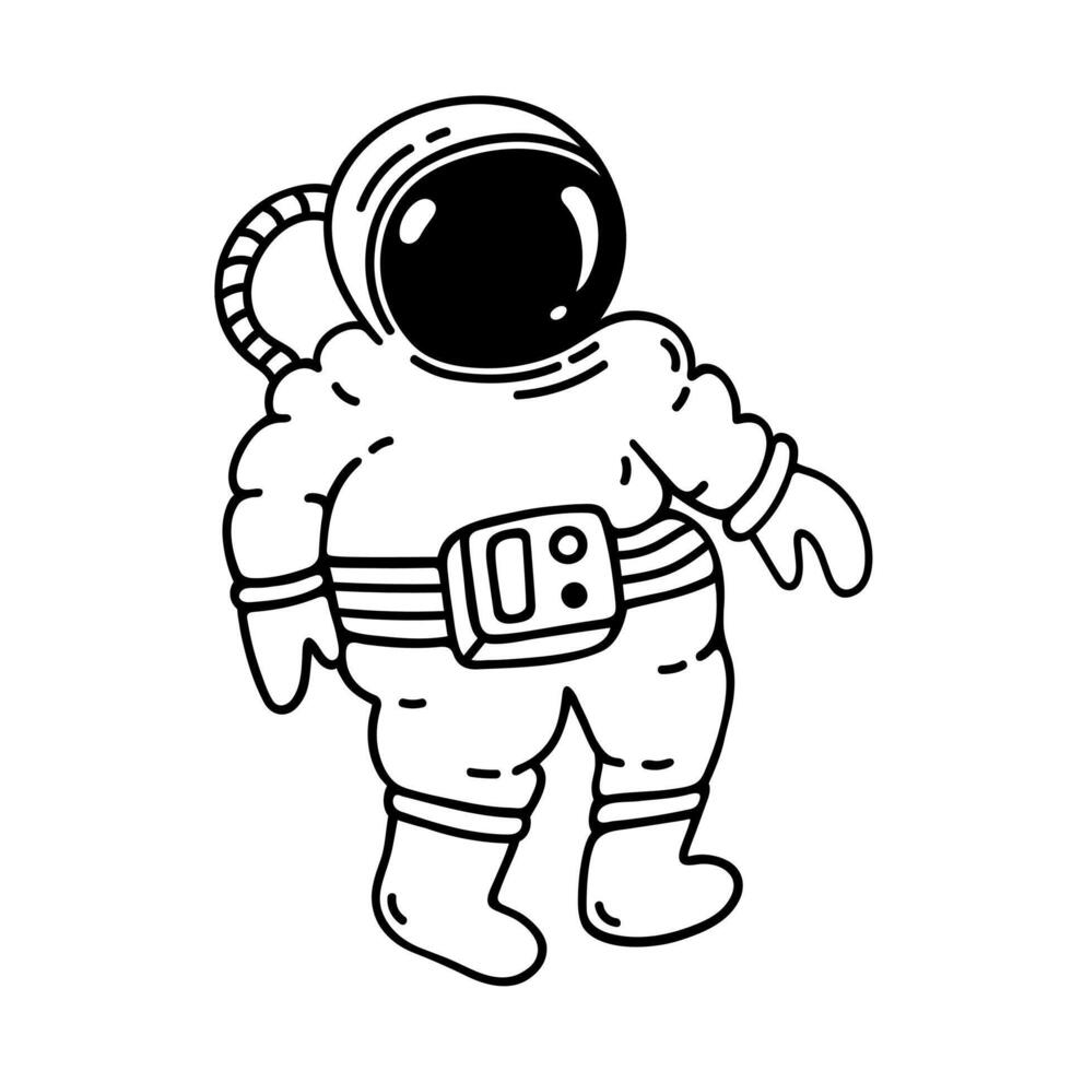 Astronaut icon. Hand drawn character in protective spacesuit with helmet. Cosmonaut in outer space. Simple black and white sketch, coloring for kid. Futuristic adventure, astronomy doodle vector