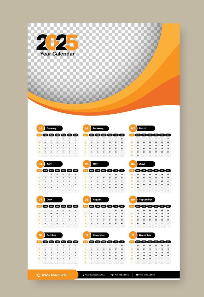 Professional abstract wall calendar template design for 2025 with image placeholder, Week start on sunday vector
