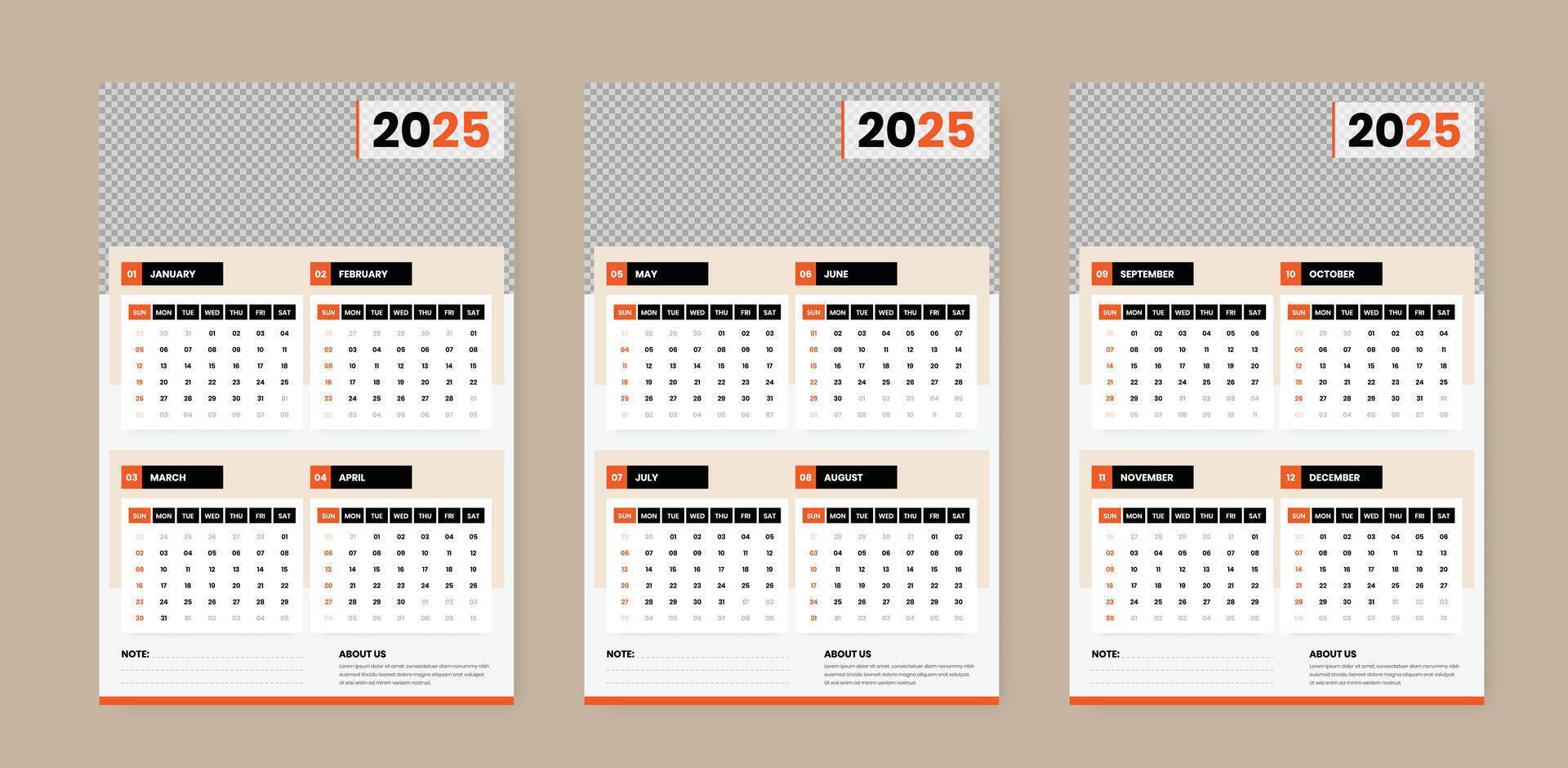3 Pages simple wall calendar for the year 2025 with cover image placeholder, Week start from sunday vector