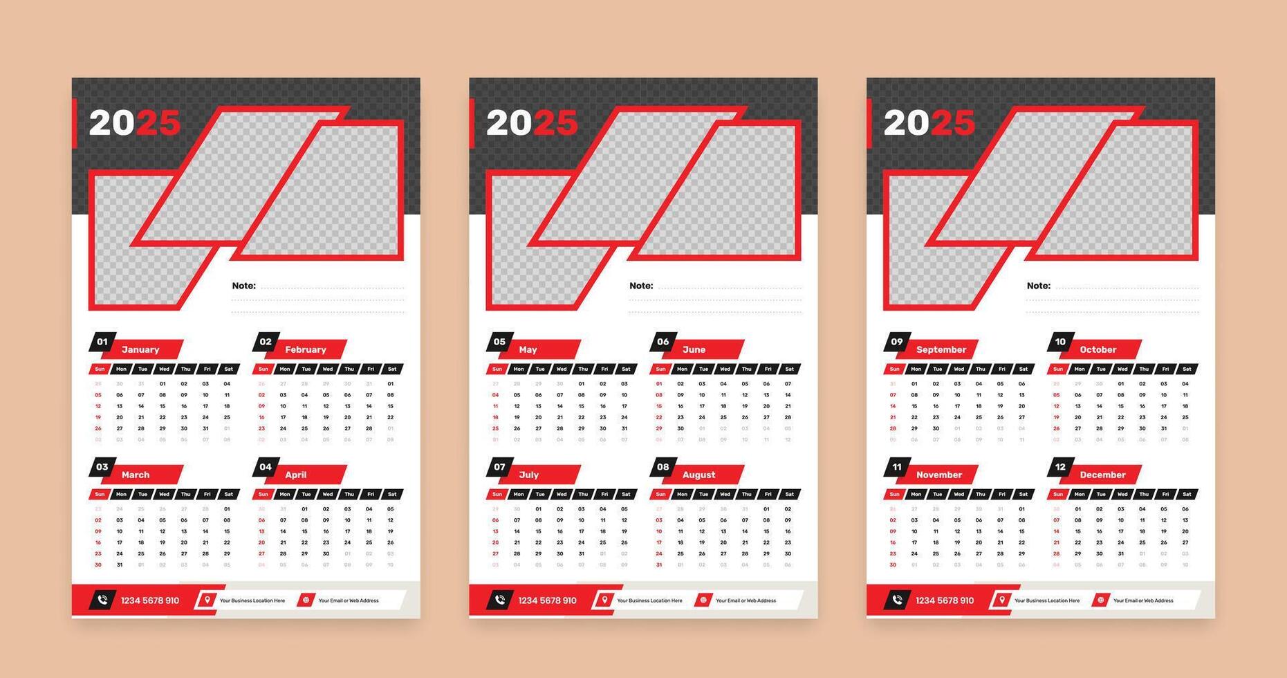 Modern abstract dark red wall calendar for the year 2025 with image placeholders, Week starts on sunday vector