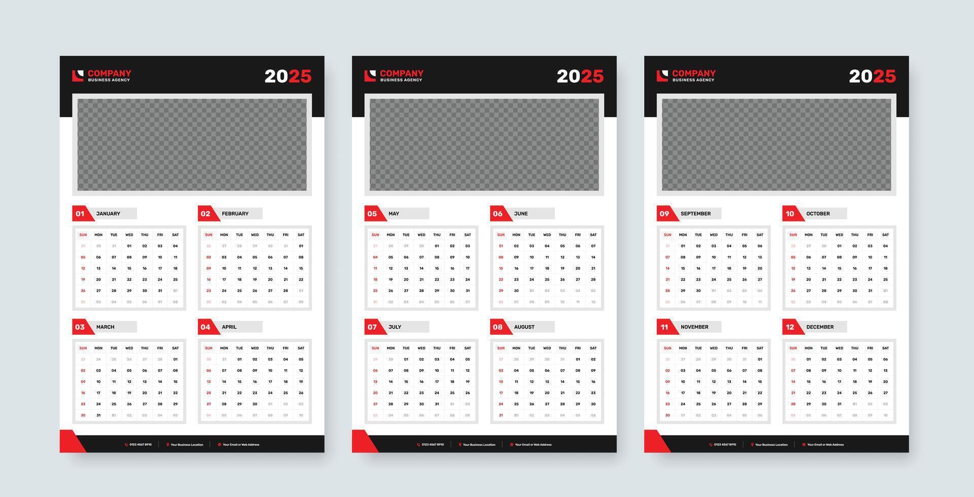 Simple abstract wall calendar layout design for 2025 year with cover image placeholder, Week start from sunday vector