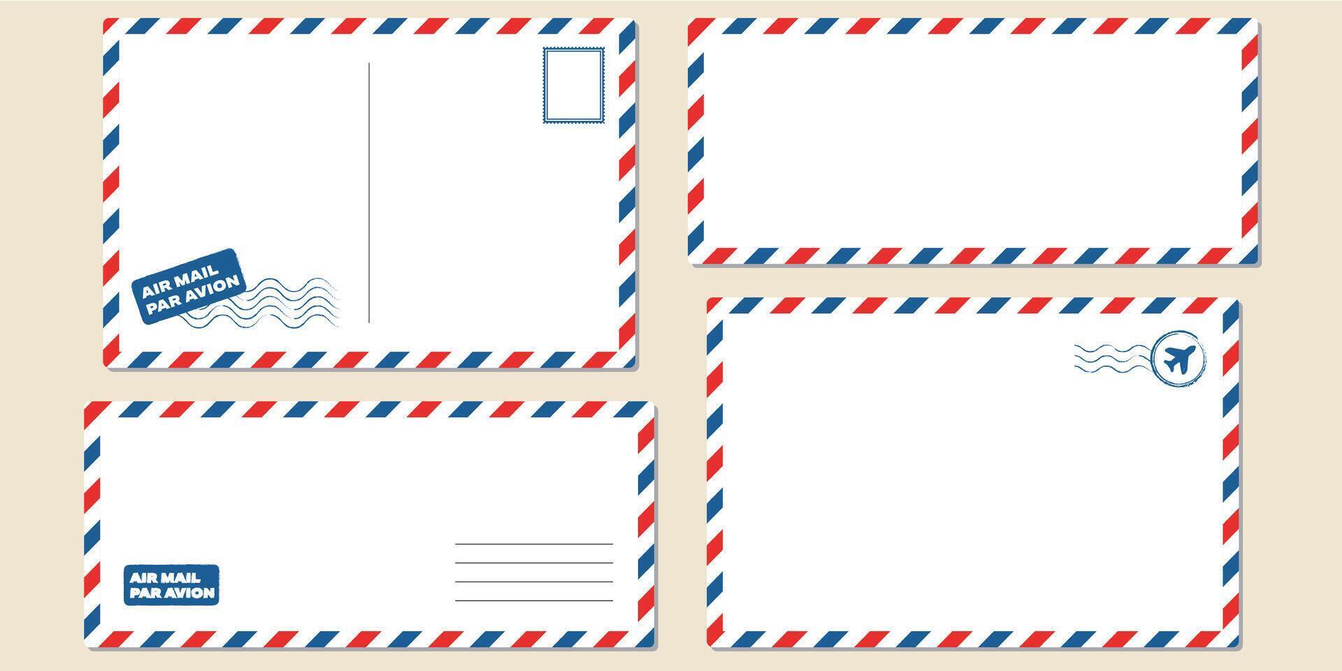 Postcard envelope template set. Greeting card stamps postal services red blue frame fast delivery air ships stylish retro design empty blank graphic template. vector