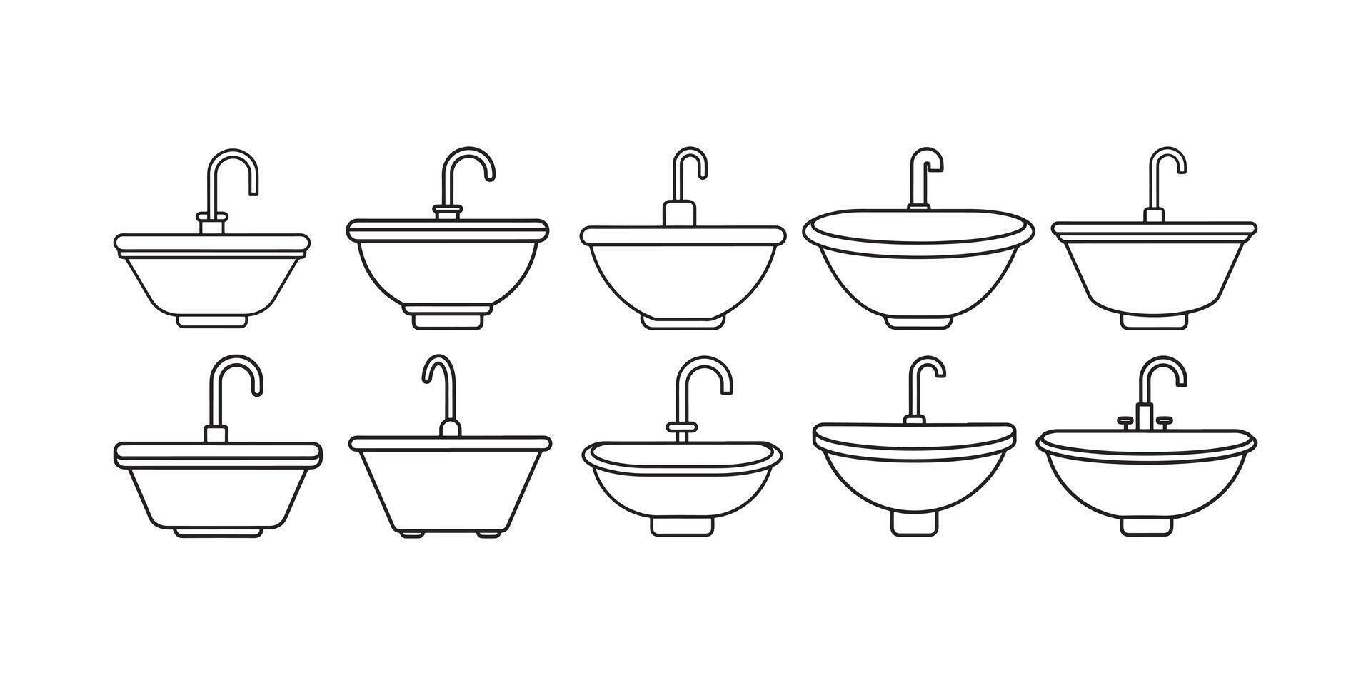 Sink line icons set, wash outline icon collection, Bathroom sink icon black and white outline sign, illustration. vector
