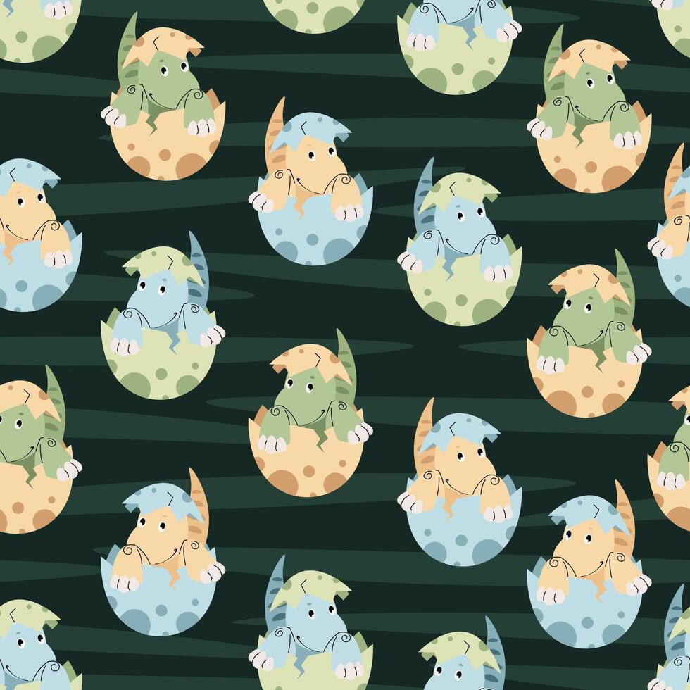Seamless pattern with cute dinosaurs in an egg in flat style. Endless texture with hatched baby dinosaur on striped background. Childish background for fabric, wallpaper, wrapping paper vector