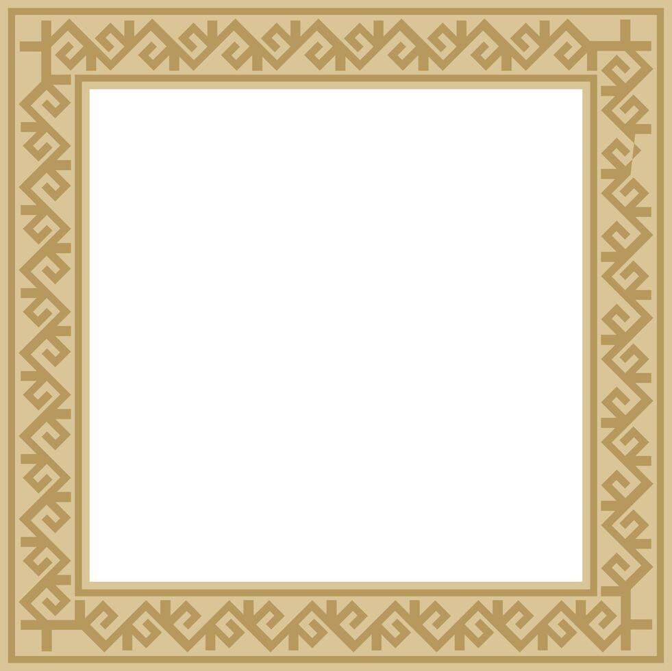 golden square Kazakh national ornament. Ethnic pattern of the peoples of the Great Steppe, Mongols, Kyrgyz, Kalmyks, Buryats. Square frame border. vector