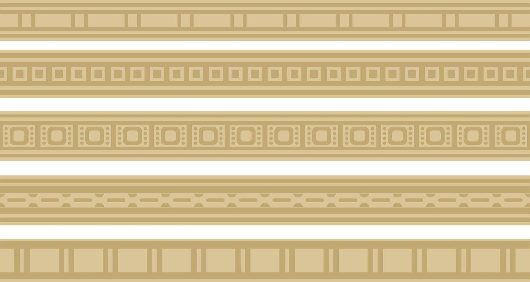 set of golden seamless Egyptian borders. Endless Ornaments of Ancient Egypt. Geometric African frame. vector