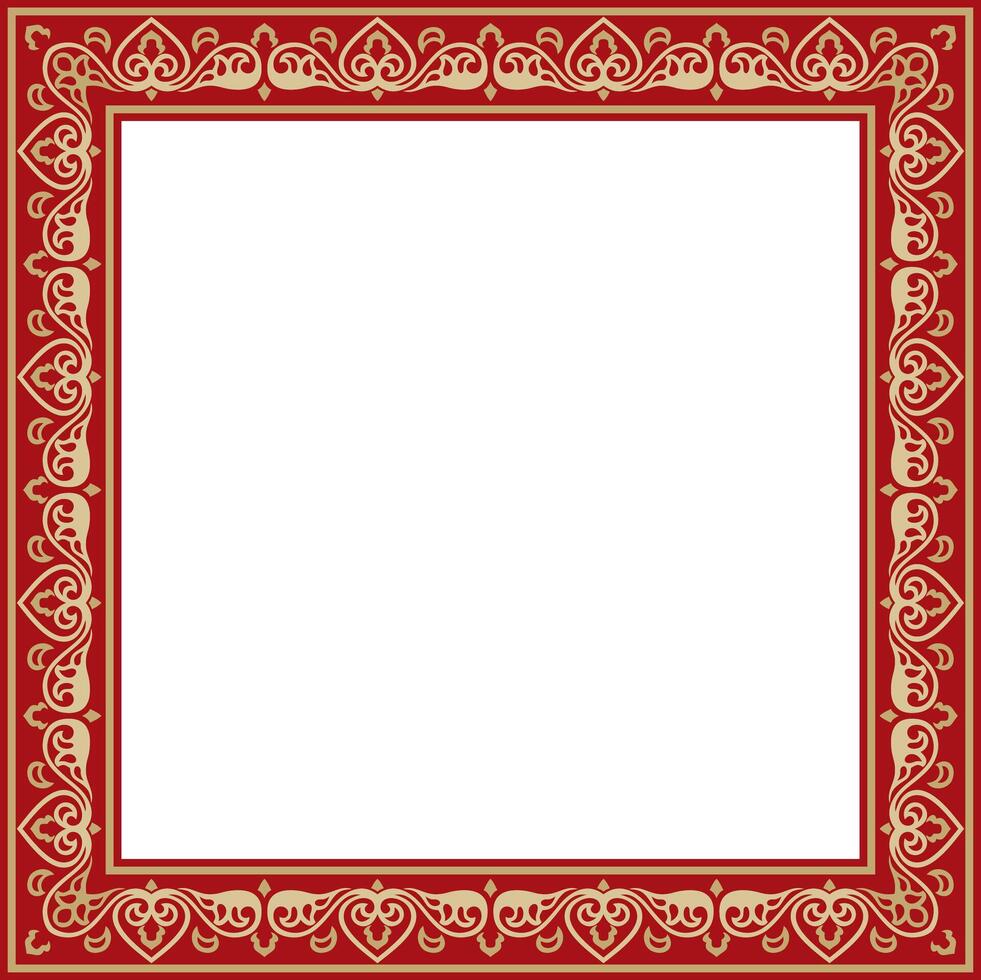 square gold with red ancient Russian ornament. Slavic rectangle, border, frame. Painting of the royal chambers. vector