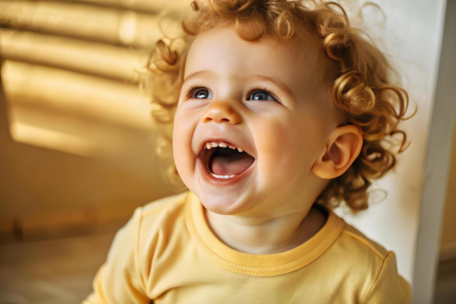 Happy Baby with Curls in Natural Light photo