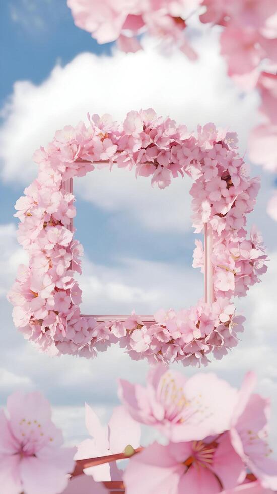 A pink frame surrounded by cherry blossoms photo