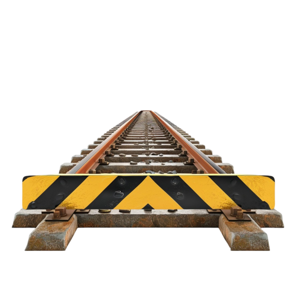 3D Railroad Stop Sign with Chevron Design on Rusty Tracks png