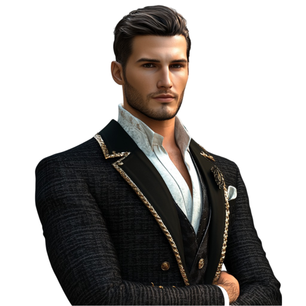 3D Handsome Man in Elegant Suit with Embellished Trim Isolated on Transparent Background png