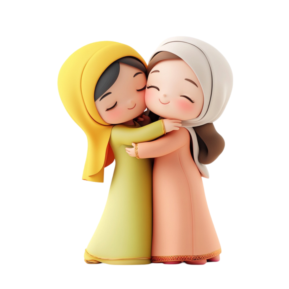 3D Cartoon Muslim Girls Hugging for Eid Mubarak Isolated on Transparent Background png
