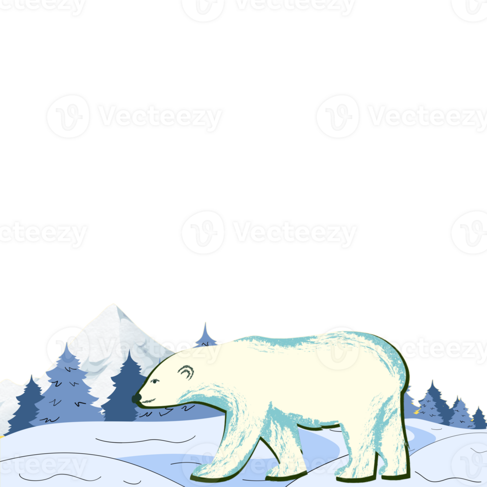 A polar bear walking in the snow with mountains in the background png
