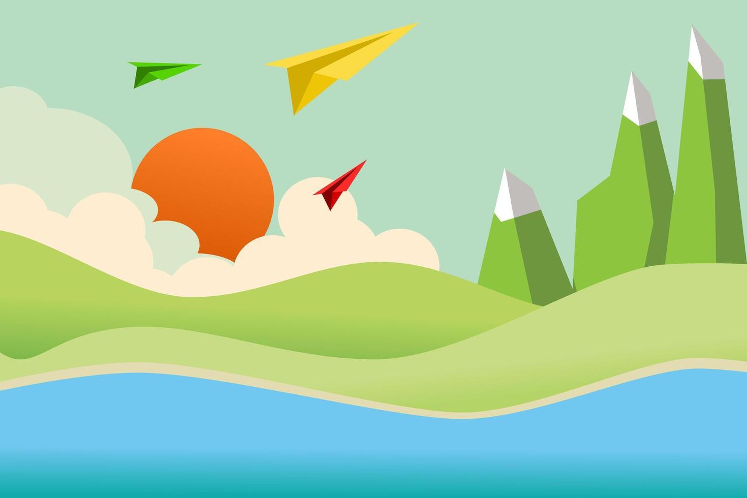 simple landscape wallpaper. natural scenery with hills, mountains, sea and sunset vector