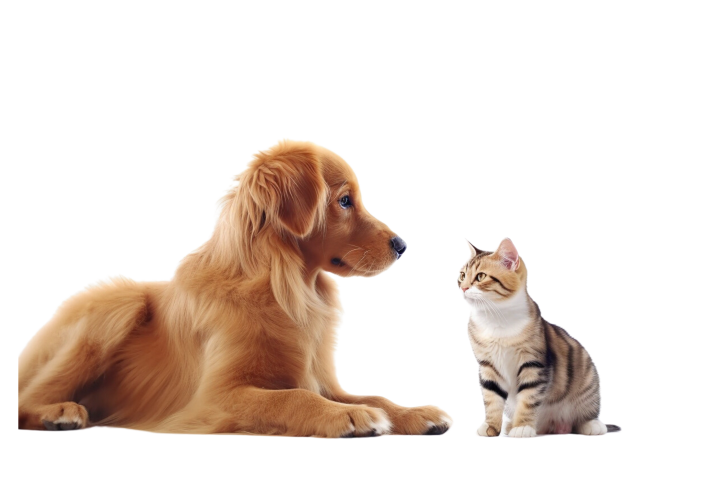 Golden Retriever and Tabby Cat Facing Each Other on Transparent Background png