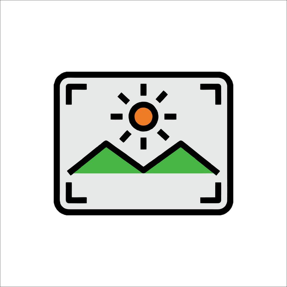 A camera with a sun and mountains in the background vector