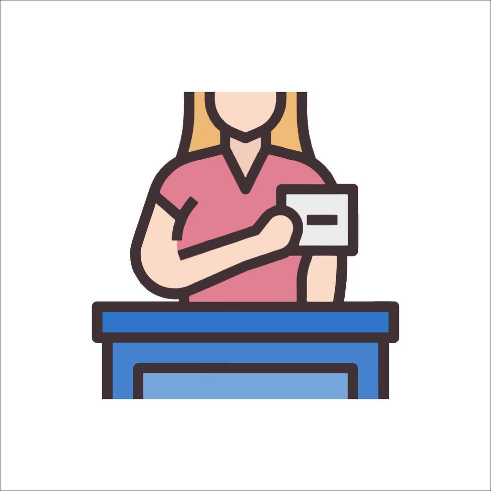 A woman holding a credit card in front of a desk vector