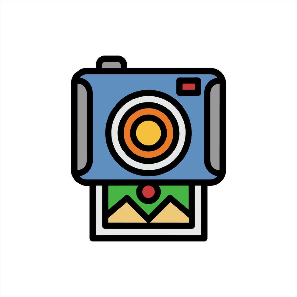 A camera icon with a green and orange background vector