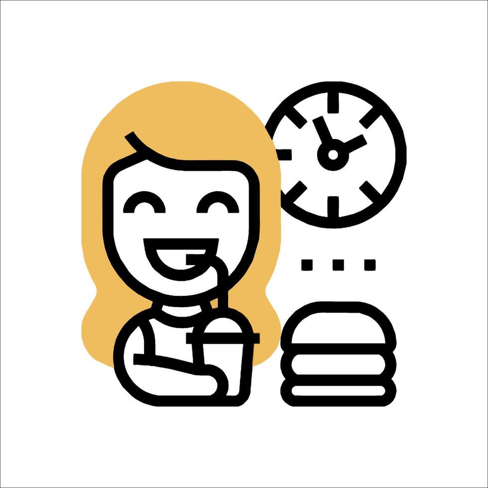 A woman is holding a hamburger and a clock vector