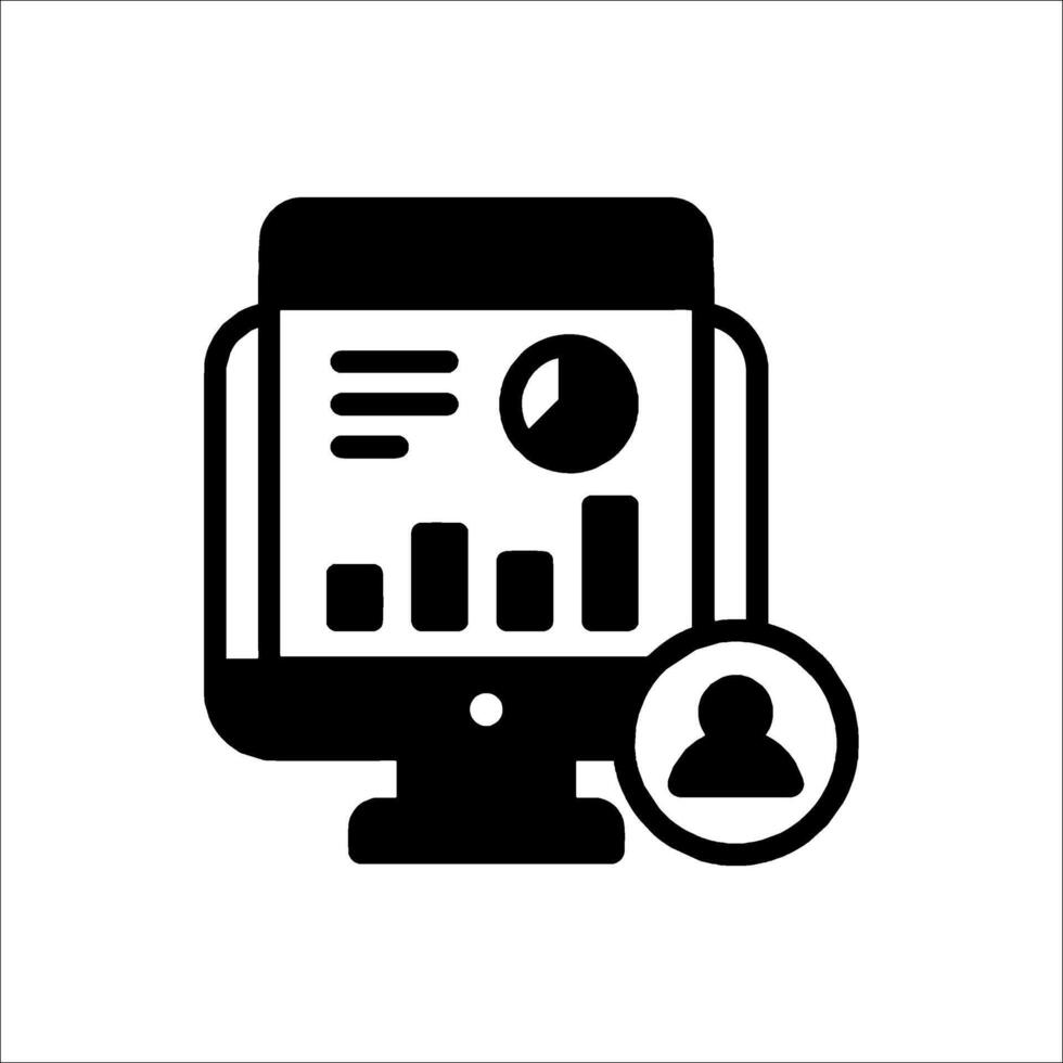 A black and white icon of a computer screen with a person on it vector