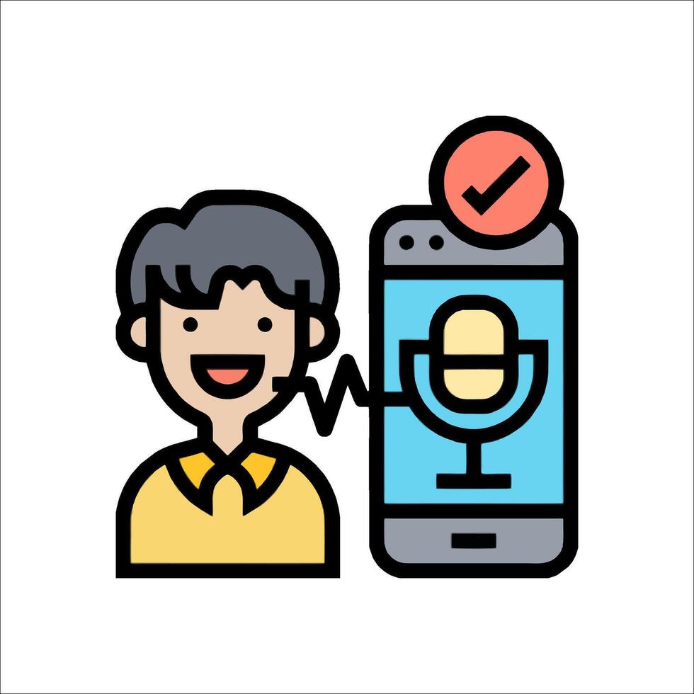 A man is holding a microphone and a phone with a check mark vector