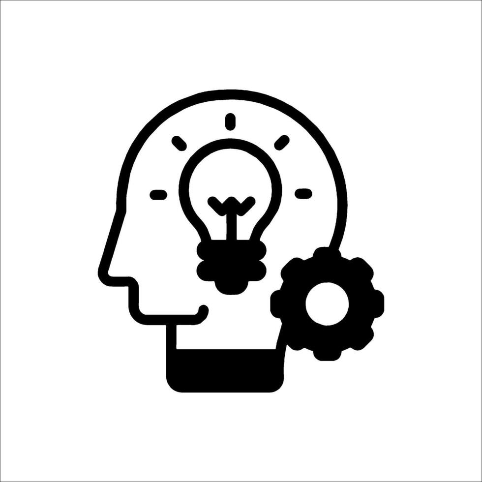 A black and white icon of a head with a light bulb vector
