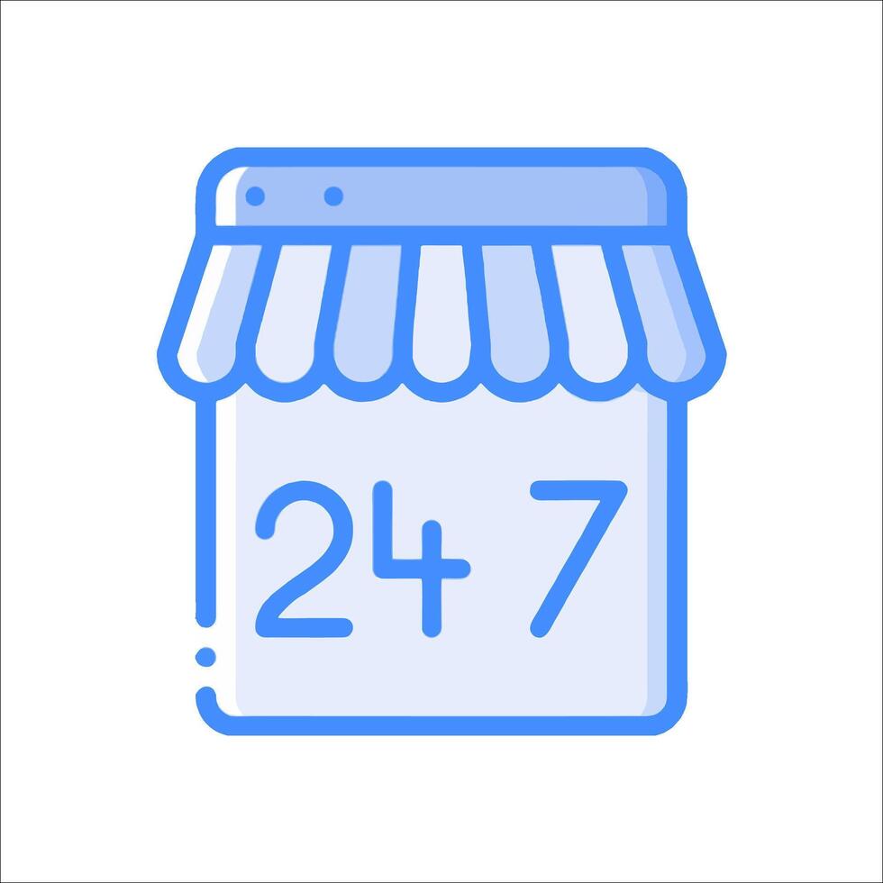 A blue and white icon with the number 24 and a shop vector