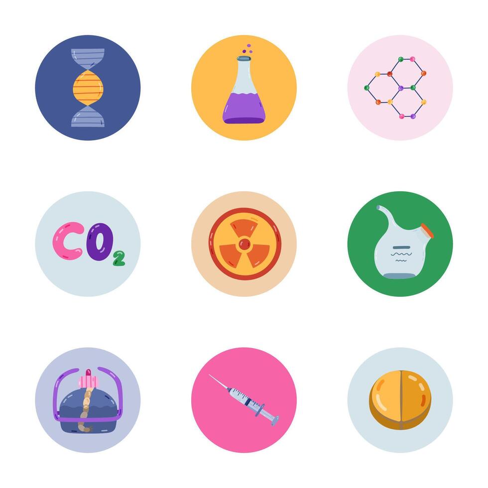 Set of cute round highlights with chemistry and science cartoon clipart. Cover for different social media, blogs, business, branding. Icon pack for stories with bright laboratory illustrations. vector
