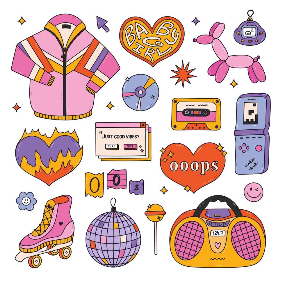 Groovy doodle hand drawn Y2k set with symbols from 90s, 00s. Retro sketch aesthetic clipart of sport jacket, radio, disco ball, balloon dog, oops, cassette, roller skate. Nostalgia for 1990s vibe vector