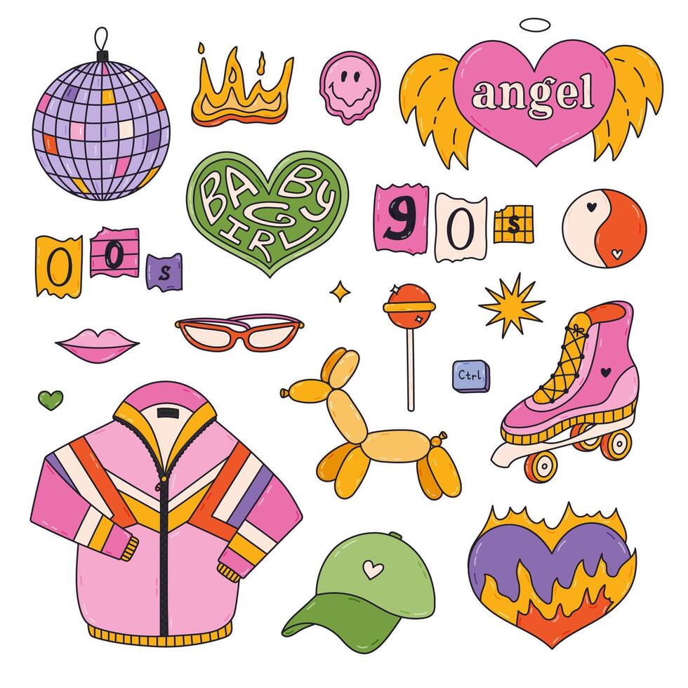 Groovy doodle hand drawn Y2k set with symbols from 90s, 00s. Retro aesthetic clipart of sport jacket, disco ball, butterfly, flame, cassette, balloon dog, roller skate, lips. Nostalgia for 1990s vibe. vector
