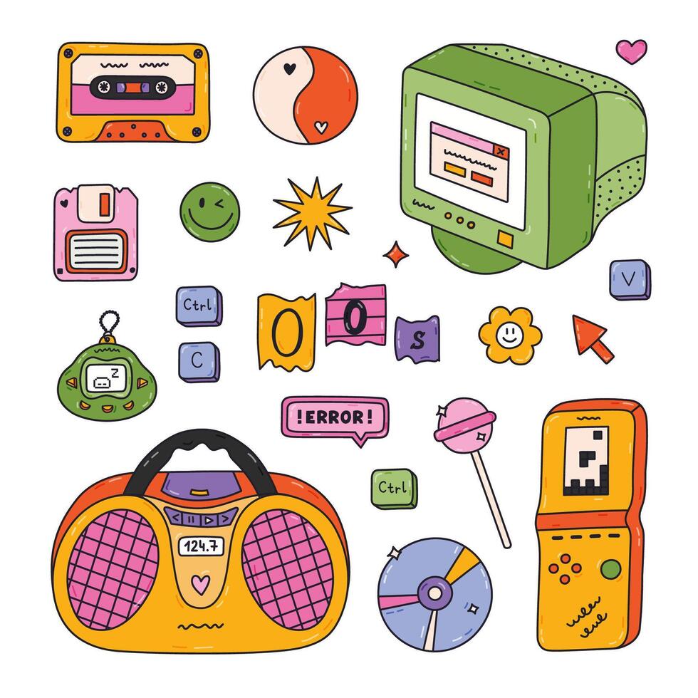 Groovy doodle hand drawn Y2k set with symbols from 90s, 00s. Retro outline aesthetic clipart of dvd disk, radio, electronic toy, PC, cassette tape, roller skate, lollipop. Nostalgia for 1990s vibe. vector