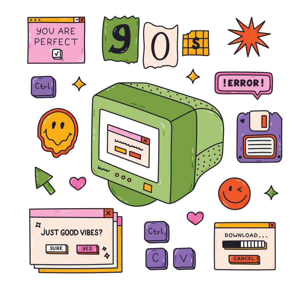 Groovy doodle Y2k set with technology symbols from 90s, 00s. Retro aesthetic clipart of old PC, window interface, buttons, vintage floppy disk. Nostalgia for 1990s vibe collection isolated on white vector