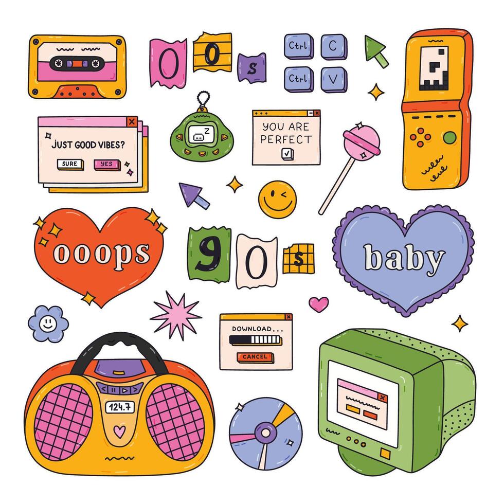 Groovy doodle hand drawn Y2k set with symbols from 90s, 00s. Retro outline aesthetic clipart of vintage radio, electronic toy, Oops heart, old PC, cassette tape, yin yang. Nostalgia for 1990s vibe. vector