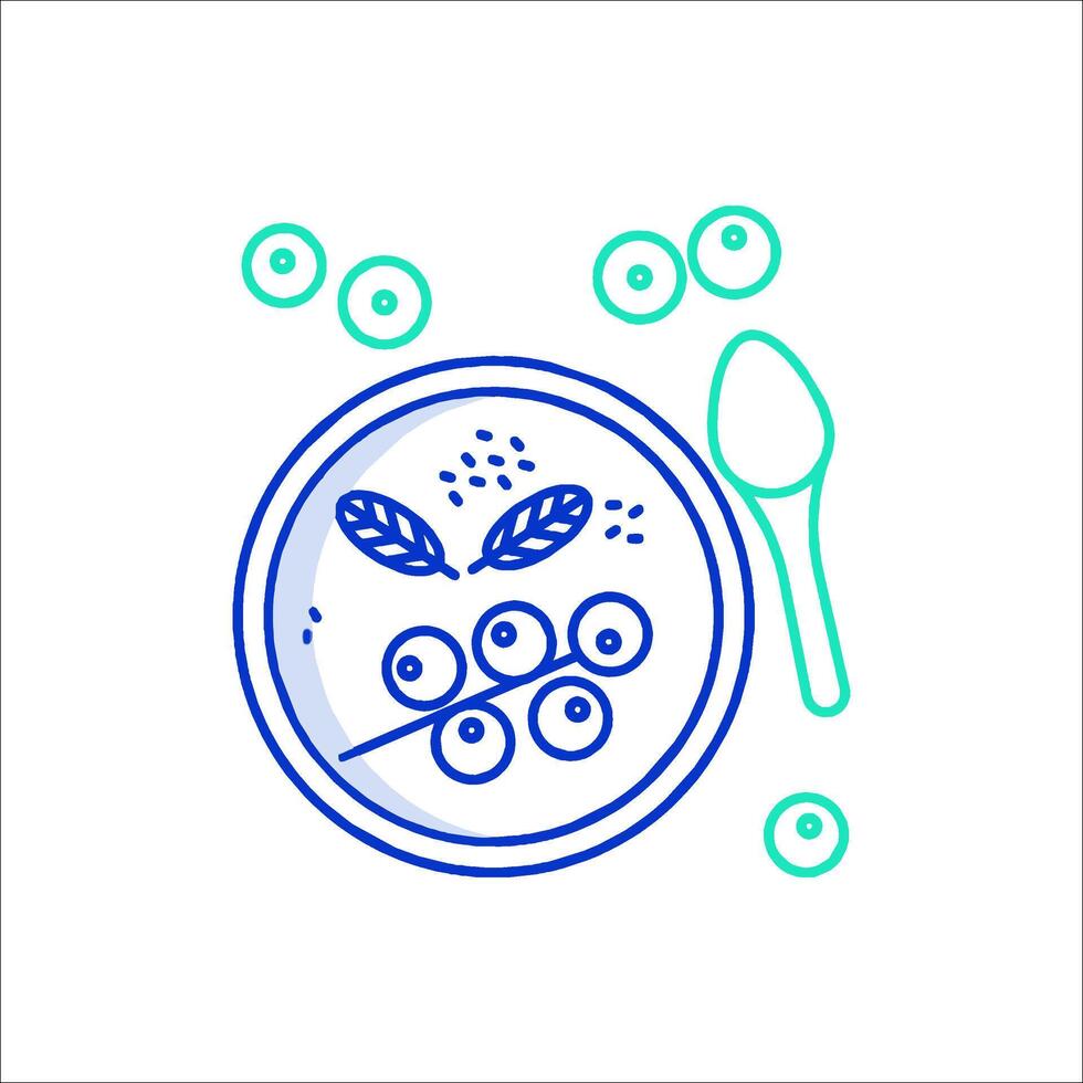 A blue line drawing of a bowl of soup with a spoon vector