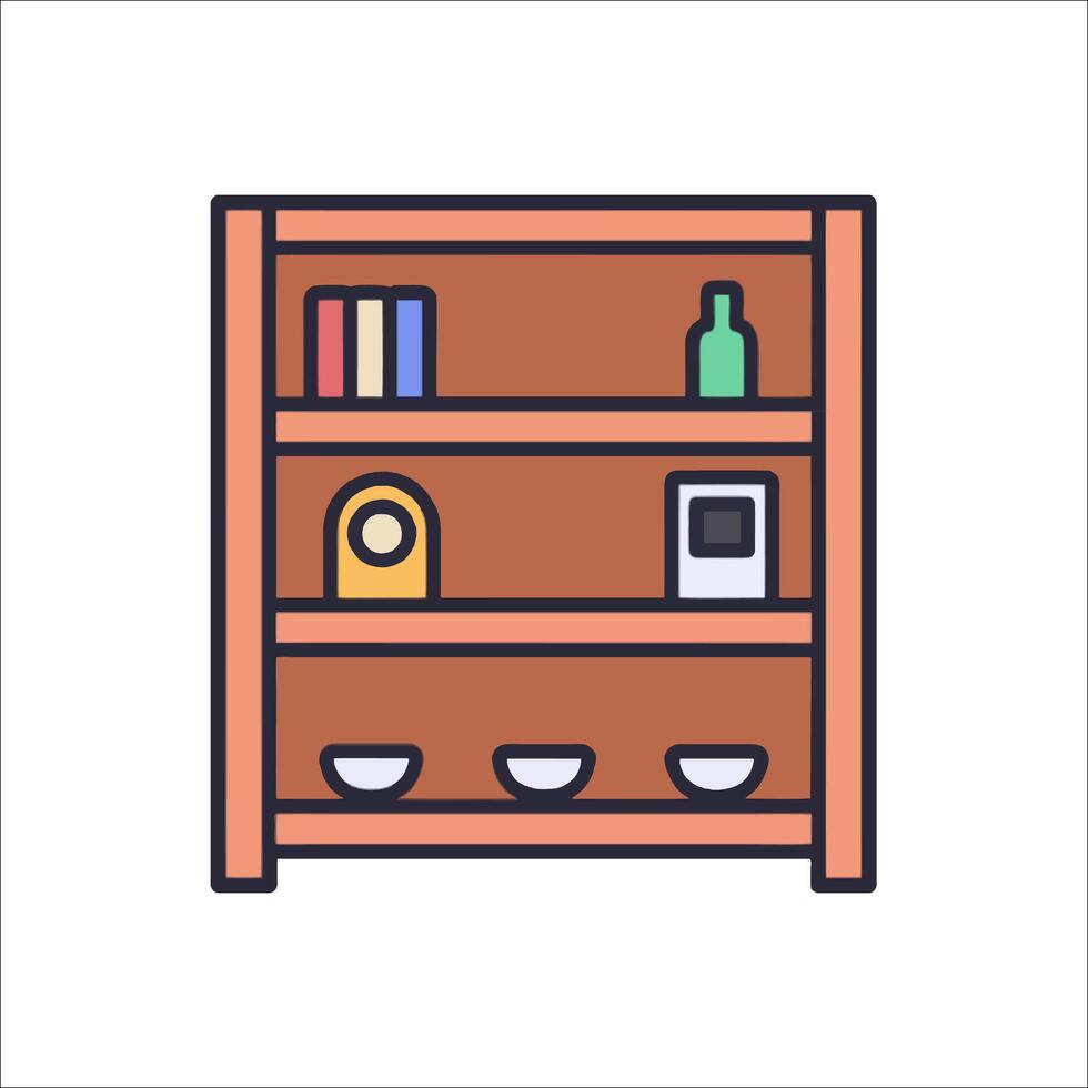A shelf with books and other items on it vector